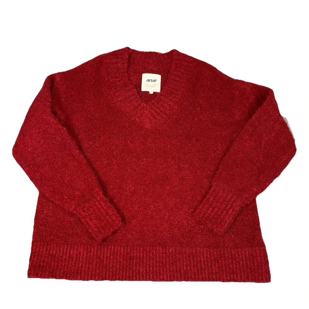 Aerie Cozy Oversized Bouclé V-Neck‎ Sweater Red Women's Size Small Oversized